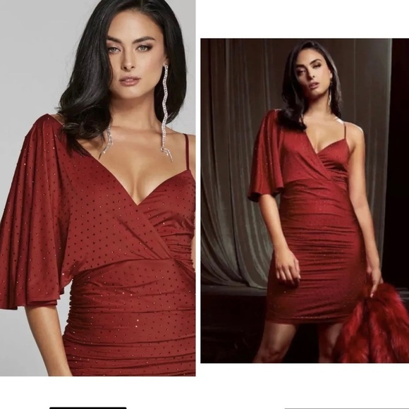 Marciano for Guess red crystal rhinestone embellished one shoulder ruched dress - Picture 3 of 17